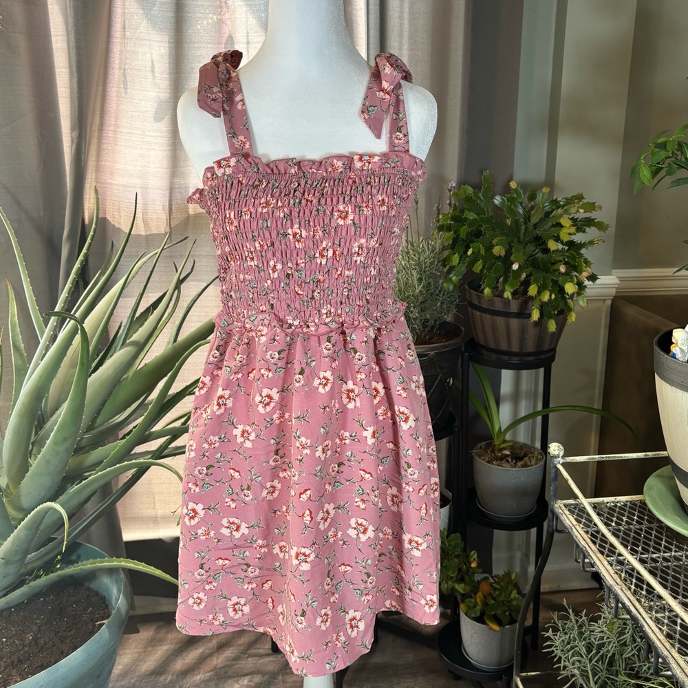 As U Wish Juniors Mini Dress Pink Floral With Pockets Fit And Flare Bow Straps
